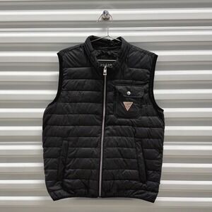 GUESS Mens Puffer Vest Black Zip Front Logo Pockets Sleeveless Jacket Size M